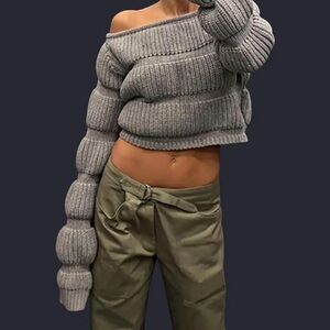 Light Gray Off-the-Shoulder Cropped Sweater with Oversized Sleeves